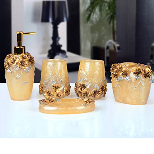 HYLR Badezimmer-Set europäischen Stil Resin Bauernhaus Stil Waschen Sie es Badezimmer 5 Stück Bad Seifenspender Zahnbürstenhalter Seifenhalter Tasse Zahnputzbecher Badezimmer Zubehör Set Accessoires von HYLR