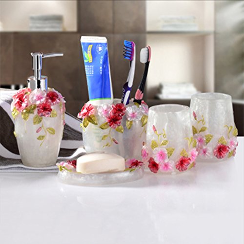 HYLR Badezimmer-Set europäischen Stil Resin Bauernhaus Stil Waschen Sie es Badezimmer 5 Stück Bad Seifenspender Zahnbürstenhalter Seifenhalter Tasse Zahnputzbecher Badezimmer Zubehör Set Accessoires von HYLR