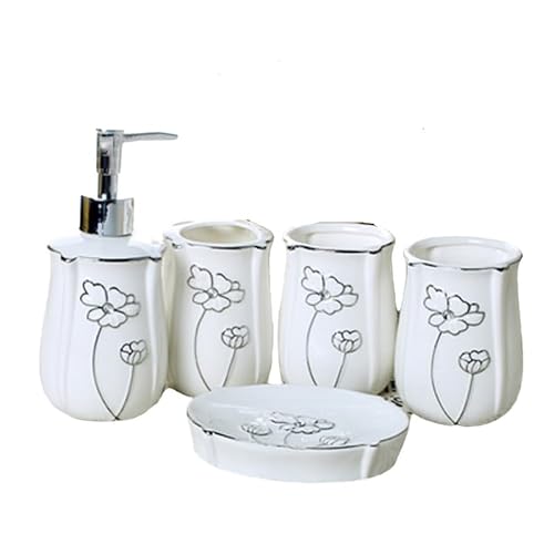 HYLR European Style 5 TLG. Keramik Badezimmergarnitur Badezimmerzubehör Inklusive Seifenspender Zahnbürstenhalter Seifenschalenhalter Spülbecher Bathroom Sets von HYLR