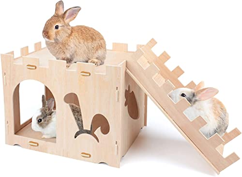 HYLYUN Extra Große Kaninchenschloss, Natural Fichte Hölzerne Kaninchen Burg Hase Spiel Haus abnehmbar Kleintier Versteck für Indoor Erwachsene Kaninchen Meerschweinchen Chinchilla Lebensraum von HYLYUN