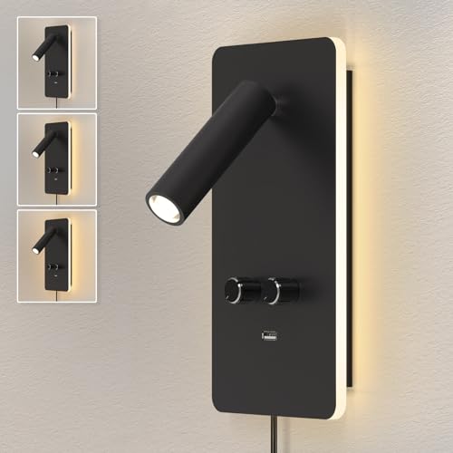 HYMELA M04 Dimmbare Wandleseleuchte, einstellbare 1W-6W LED-Leselampe mit Hintergrundbeleuchtung, Wandleuchten mit USB-Anschluss, Nachttisch-Wandleuchte (Schwarz) von HYMELA