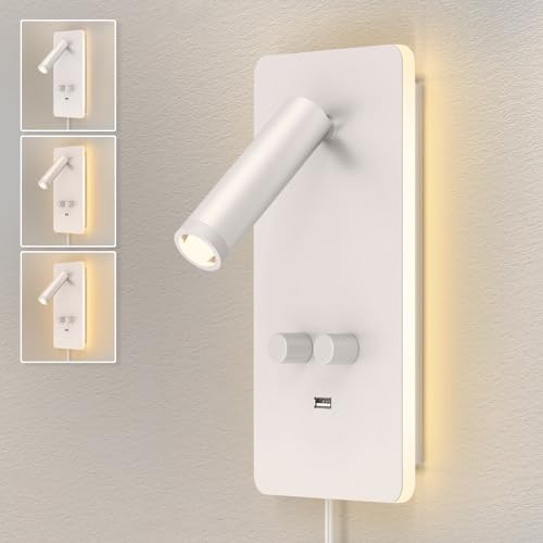 HYMELA M04 Stufenlos dimmbare Wandleselampe Nachttischlampe mit USB Anschluss Kopfteil Plug in Wandleuchten Verstellbares Kopfteil 1-6W Spotlight + 1-7W Umgebungslicht von HYMELA