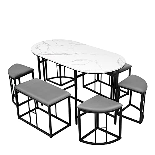 7-teiliges Esstisch-Set mit Esstisch und Stühlen (mit Esstisch, 4 kleinen Hockern und 2 großen Hockern) Küchentisch-Set, platzsparend, aus Stahlgestell von HYNMSM