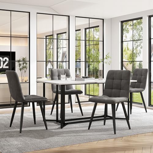 Esstisch-Set mit 4 Stühlen, Küchentisch und Stühlen, 5-teilig, mit schwarzen Metallbeinen, Esszimmerstühle aus Samt, dunkelgrau, Esszimmermöbel von HYNMSM