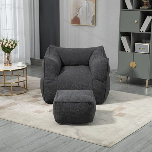 HYNMSM Boucle-Sitzsack mit Armlehnen, bequemes Sofa mit hoher Rückenlehne für Erwachsene, Lounge-Stuhl, Sitzsack-Liegestuhl für Wohnzimmer und Schlafzimmer (Sitzsack + Fußhocker) (Black) von HYNMSM