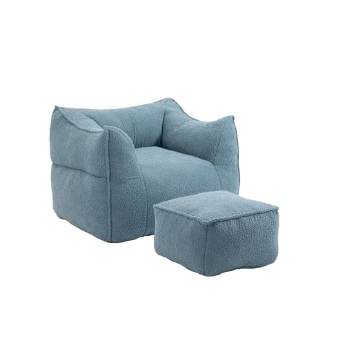 HYNMSM Boucle-Sitzsack mit Armlehnen, bequemes Sofa mit hoher Rückenlehne für Erwachsene, Lounge-Stuhl, Sitzsack-Liegestuhl für Wohnzimmer und Schlafzimmer (Sitzsack + Fußhocker) (Blue) von HYNMSM