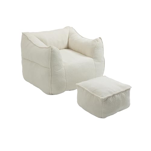 HYNMSM Boucle-Sitzsack mit Armlehnen, bequemes Sofa mit hoher Rückenlehne für Erwachsene, Lounge-Stuhl, Sitzsack-Liegestuhl für Wohnzimmer und Schlafzimmer (Sitzsack + Fußhocker) (White) von HYNMSM