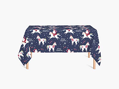 HYO Santa im Einhorn Tischdecke Weihnachten, Polyester-Satin-Stoff, laminiert mit transparenter Vinylfolie, 250 g, bunt, 100X140 cm von HYO