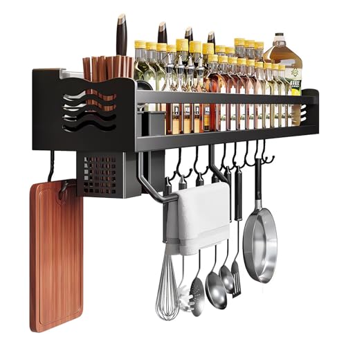 HYPIQQ Gewürzregal Wand Ohne Bohren Hängend Wandregal Küche Gewürzregale Gewürz Organizer Küchenregal Wand Hängend Organizer Gewürz Regal Küche Wand Küchenablage Ohne Bohren,Schwarz,60cm 2cups von HYPIQQ