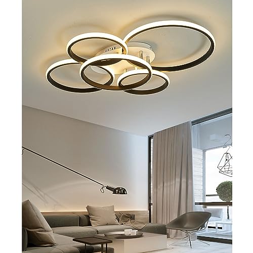 Deckenleuchte Modern LED Ring Pendelleuchte Dimmbar Wohnzimmerlamp Aluminium Kronleuchter Mit Fernbedienung Schlafzimmer Deckenlampe Beleuchtung Salon Esszimmer Acryl Deckenlicht,Black 5 Rings von HYQJUNE