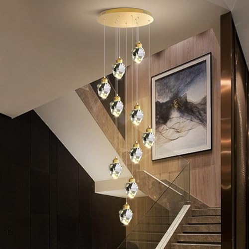 HYQJUNE Modern Hängelampe Dimmbar K9 Kristall Pendelleuchte Wohnzimmerlamp Goldene Treppe Hängeleuchte Xuanguan Schlafzimmer Esszimmer Mit Fernbedienung Küchenlampe Höhenverstellbar Lampen(10 heads) von HYQJUNE