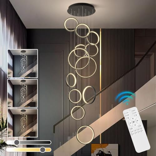 HYQJUNE Modern LED Hängelampe Dimmbar Ringe Pendelleuchte Wohnzimmerlamp Aluminium Treppe Hängeleuchte Xuanguan Schlafzimmer Esszimmer Küchenlampe Höhenverstellbar Lampen(12-Ring) von HYQJUNE
