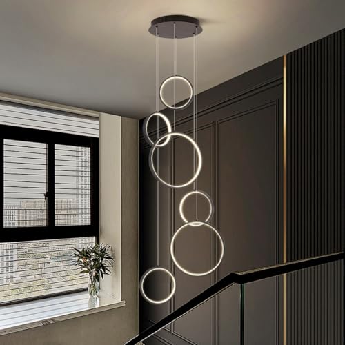 HYQJUNE Modern LED Hängelampe Dimmbar Ringe Pendelleuchte Wohnzimmerlamp Aluminium Treppe Hängeleuchte Xuanguan Schlafzimmer Esszimmer Küchenlampe Höhenverstellbar Lampen(6-Ring) von HYQJUNE