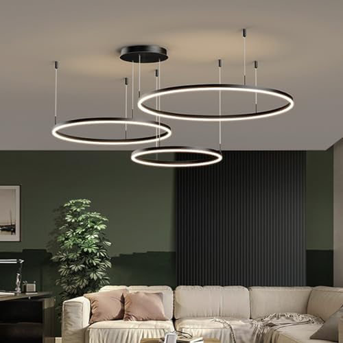 HYQJUNE Modern LED Ring Pendelleuchte Dimmabel Wohnzimmerlamp Aluminium Kronleuchter Schlafzimmer Hängeleuchte Salon Esszimmer Deckenleuchte Metall Acryl Hängelampe,Schwarz,60+80+100cm von HYQJUNE