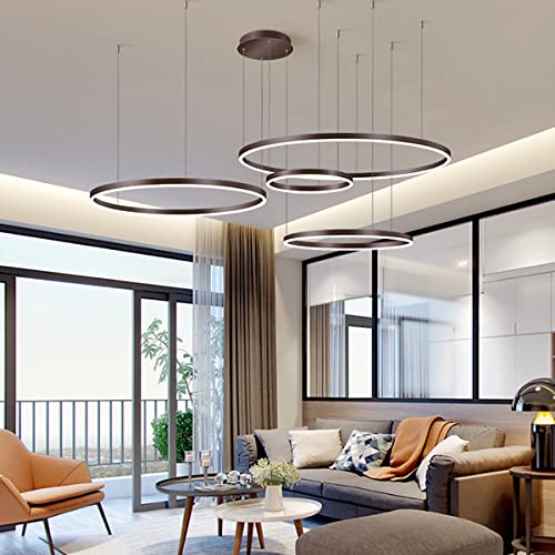 HYQJUNE Modern LED Ring Pendelleuchte Dimmbar Wohnzimmerlamp Aluminium Kronleuchter Mit Fernbedienung Schlafzimmer Hängeleuchte Salon Esszimmer Deckenleuchte Metall Acryl Hängelampe,Braun,40+60+80+100 von HYQJUNE