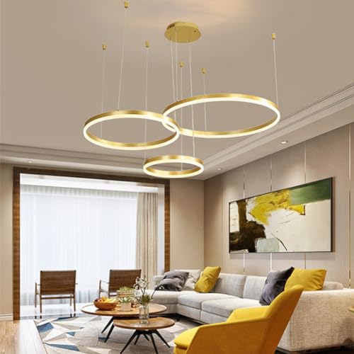 HYQJUNE Modern LED Ring Pendelleuchte Dimmbar Wohnzimmerlamp Aluminium Kronleuchter Mit Fernbedienung Schlafzimmer Hängeleuchte Salon Esszimmer Deckenleuchte Metall Acryl Hängelampe,Gold,40+60+80 von HYQJUNE