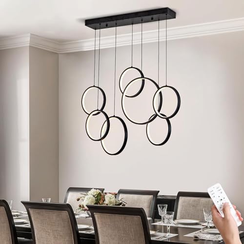 Hängelampe Esstisch Modern Dimmbar LED Geometrie Pendelleuchte 7 Ringe Wohnzimmerlamp Kronleuchter Schlafzimmer Hängeleuchte Schwarz Salon Esszimmer Einfachheit Höhenverstellbar Deckenleuchte 60W von HYQJUNE