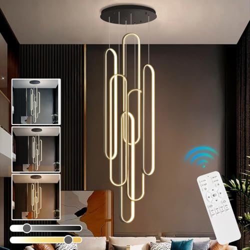 Hängelampe Modern LED Treppe Pendelleuchte Geometrie Wohnzimmerlamp Aluminium Xuanguan Schlafzimmer Hängeleuchte Esszimmerlampen Mit Fernbedienung Dimmbar Höheverstellbar Küchenlampe(6 heads,20*100cm) von HYQJUNE