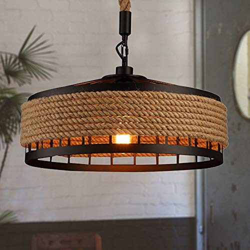 Hanfseil Industriestil Retro Lampe Pendelleuchte Aufhängung Typ Rundkäfig Eisen E27 Kronleuchter Höhenverstellbarer Hängelampe Bar Leuchter Für Wohnzimmer Café Restaurant Dekoration Deckenlampe,40CM von HYQJUNE