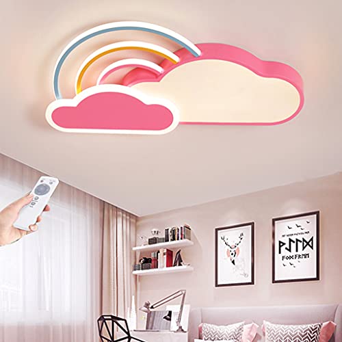 LED Deckenleuchte Kinderzimmer Deckenlampe Modern Cartoon Weiße Wolken Regenbogen Jungen Mädchen Deckenlicht Acryl Lampenschirm Fernbedienung Baby Schlafzimmer Wohnzimmer Kronleuchter,Rosa,65cm von HYQJUNE