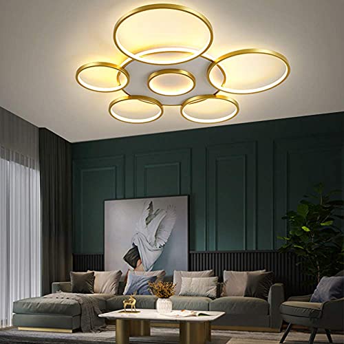 LED Wohnzimmer Deckenleuchte Moderne Einfachheit Runde 7-Ring-Deckenlamp Mit Fernbedienung Dimmbare Acryl Dekoration Deckenlicht Modische Esszimmerlampe Schlafzimmer Büro Halle Kronleuchter (Golden) von HYQJUNE