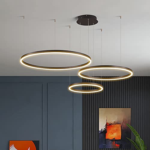 HYQJUNE Modern 3 Ringe Esstischlamp 90W LED Dimmbar Wohnzimmer Kronleuchter Einfach Hängeleuchte Schlafzimmer Salon Esszimmer Pendelleuchte Höhenverstellbar Kombination Hängelampe,Braun von HYQJUNE
