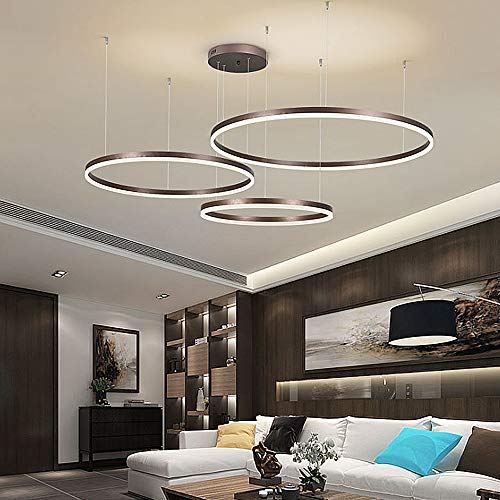 Modern 3 Ringe Ring Pendelleuchte 90W LED Dimmbar Wohnzimmer Kronleuchter Mit Fernbedienung Schick Hängeleuchte Schlafzimmer Salon Esszimmer Leuchter Verstellbare Höhe Kombination Hängelampe,Braun von HYQJUNE