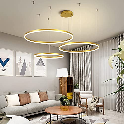 HYQJUNE Modern 3 Ringe Ring Pendelleuchte 90W LED Dimmbar Wohnzimmer Kronleuchter Schick Hängeleuchte Schlafzimmer Salon Esszimmer Leuchter Verstellbare Höhe Kombination Hängelampe,Gold von HYQJUNE