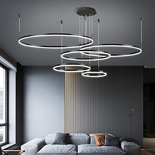 Modern 5 Ringe Ring Pendelleuchte 136W LED Dimmbar Wohnzimmer Kronleuchter Mit Fernbedienung Schick Hängeleuchte Schlafzimmer Salon Esszimmer Leuchter Verstellbare Höhe Kombination Hängelampe,Schwarz von HYQJUNE