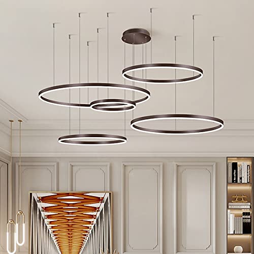 Modern 5 Ringe Ring Pendelleuchte 136W LED Dimmbar Wohnzimmer Kronleuchter Mit Fernbedienung Schick Hängeleuchte Schlafzimmer Salon Esszimmer Leuchter Verstellbare Höhe Kombination Hängelampe,Braun von HYQJUNE