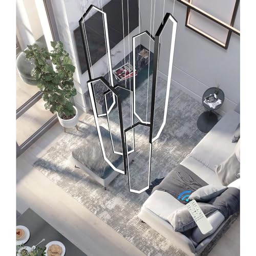 LED Pendelleuchte Wohnzimmerlamp Aluminium Treppe Hängelampe Xuanguan Schlafzimmer Lampen Hängeleuchte Mit Fernbedienung Modern Dimmbar Höhenverstellbar Küche Esszimmerlampe(Schwarz,6 Lights-20x100cm) von HYQJUNE