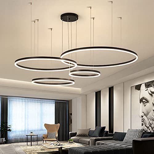 Modern LED Ring Pendelleuchte Dimmbar Wohnzimmerlamp Aluminium Kronleuchter Mit Fernbedienung Schlafzimmer Hängeleuchte Salon Esszimmer Deckenleuchte Metall Acryl Hängelampe,Schwarz,40+60+80+100cm von HYQJUNE