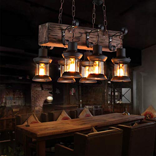 Retro Pendelleuchte E27 Holz Hängende Lampe Kronleuchter Industrielle Loft Bar Hängeleuchte 6 Lichter Vintage Antik Metall Glas Holz Hängelamp Esszimmer Schlafzimmer Studie Pendellampe von HYQJUNE