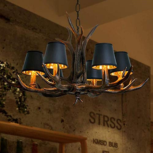 Vintage Pendelleuchte Kronleuchter Hängeleuchte Esstisch Resin Und Schwarzer Stoff Lampenschirm E14×6 Leuchte Deckenlampe Geweih Hängelampe Retro Beleuchtung Wohnzimmer[Energieklasse A++] von HYQJUNE