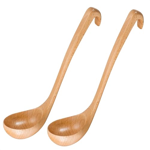 2-teiliges Schöpflöffel-Set aus Holz – 27,4 x 7,1 cm Bambus-Schöpfkelle für Suppe mit langen Hakengriffen und tiefen Schaufeln, bequeme lackbeschichtete Oberfläche, die leicht zu reinigen ist – von HYQO