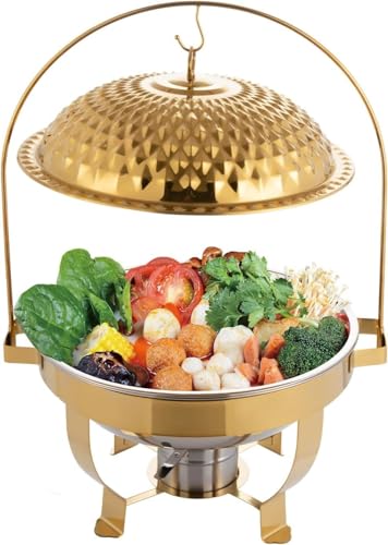 Diamant-Esskocher mit Hängedeckel, Speisenwärmer for Buffetserver, Catering-Buffetwärmer-Set, runde Buffetwärmer aus Edelstahl in Gold mit Spiritusbrenner und Speise-/Wasserbecken for Zuhause und das von HYQOUKLR