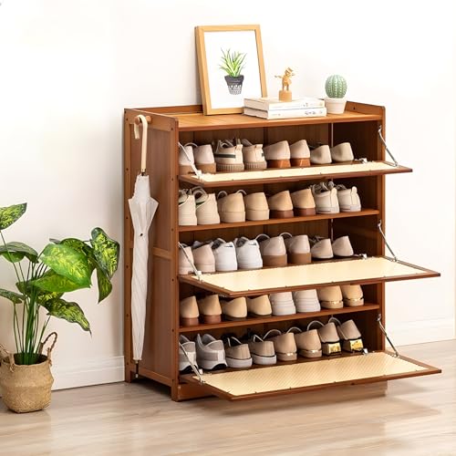 HYQOUKLR Freistehendes Schuhregal für den Eingangsbereich, Moderner Schuhschrank aus Bambus-Rattan mit hochklappbaren Türen, schmale Schuhaufbewahrung(100 * 33 * 115cm) von HYQOUKLR
