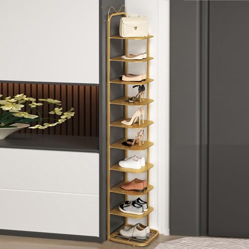 HYQOUKLR Freistehendes Schuhregal für den Eingangsbereich, Vertikales Schuhregal mit 10 Ebenen for kleine Räume, Schuhschrank for den Eingangsbereich(Gold,10Tier) von HYQOUKLR
