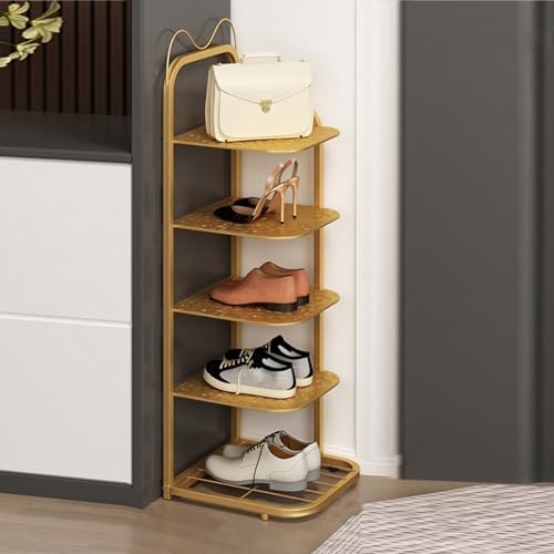 HYQOUKLR Freistehendes Schuhregal für den Eingangsbereich, Vertikales Schuhregal mit 10 Ebenen for kleine Räume, Schuhschrank for den Eingangsbereich(Gold,5Tier) von HYQOUKLR