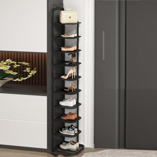 HYQOUKLR Freistehendes Schuhregal für den Eingangsbereich, Vertikales Schuhregal mit 10 Ebenen for kleine Räume, Schuhschrank for den Eingangsbereich(Svart,10Tier) von HYQOUKLR