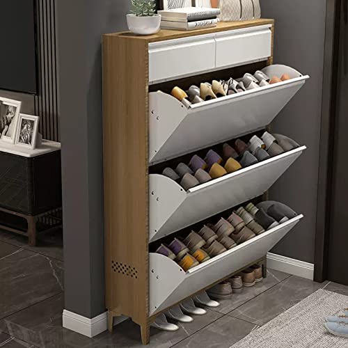 HYQOUKLR Freistehendes Schuhregal für den Eingangsbereich, mit 2 Schiebeschubladen und 3 Klappschubladen, freistehender Schuhschrank aus Stahl(Bianco,60x24x136cm) von HYQOUKLR