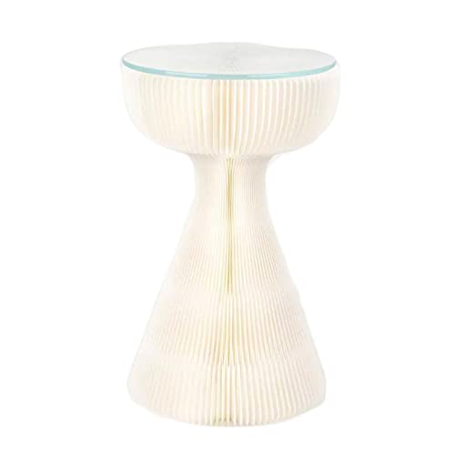 HYQOUKLR Nachttisch, Couchtisch, Klappbarer runder Couchtisch, 33 x 53 cm, Glasplatte for Terrasse, Wohnzimmer, Balkon, Garten, Mehrfarbig(White+Clear Glass) von HYQOUKLR