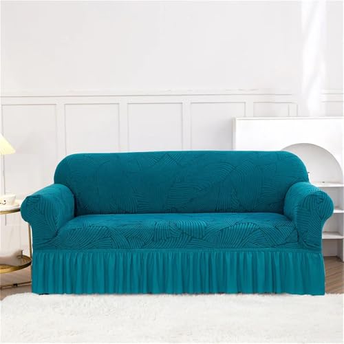 HYQOUKLR Sofabezug L-Form, Vatertagsgeschenk, Plissee-Seersucker-Jacquard-Sofabezug for 1/2/3/4-Sitzer(Cyan,3-Seater-190-230cm) von HYQOUKLR