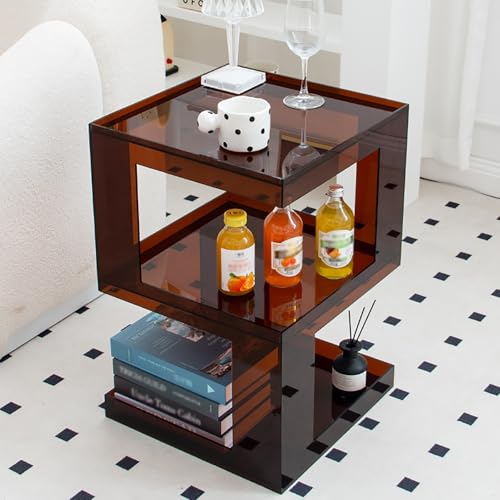 HYQOUKLR Transparenter Couchtisch, Beistelltisch, Kleiner Beistelltisch aus Acryl mit 3 Ebenen, Couchtisch mit Stauraum(Brown) von HYQOUKLR