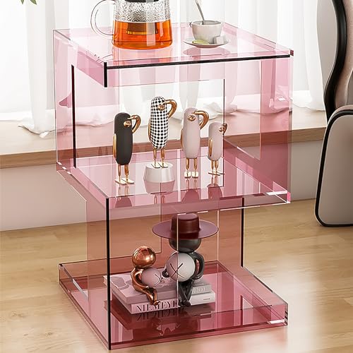 HYQOUKLR Transparenter Couchtisch, Beistelltisch, Kleiner Beistelltisch aus Acryl mit 3 Ebenen, Couchtisch mit Stauraum(Pink) von HYQOUKLR