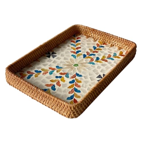 HYQOUKLR rechteckiges Tablett, Rattantablett, Handgemachte Rattan Shell Woven Kaffee Lagerung Tablett Haushalt Gras & Multicolor Mehrere Größen(Colourful,34x24x4cm) von HYQOUKLR