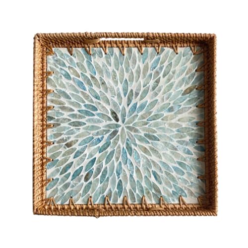HYQOUKLR rechteckiges Tablett, Rattantablett, Rattan Handgewebte Servierablage Multicolor Mehrere Größen Haushalt Wohnzimmer Dekor(Blue,30x3cm) von HYQOUKLR