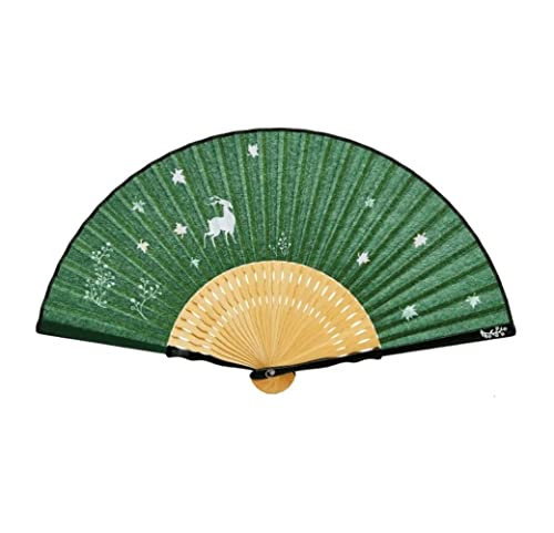 Handfächer, Bambus Papier Faltfächer Hirsch Muster Multicolor 21cm Geschlossen 38cm Entfaltet Handheld(Grün) von HYQOUKLR
