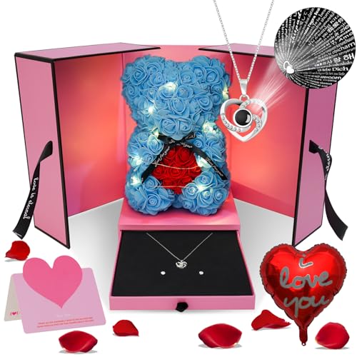 HYRIXDIRECT Blumen-Rosenbär, Valentinstagsgeschenk, beleuchtet, künstliche ewige Rose, ewige Blume, Teddybär, Geschenke für Damen, Mutter, Ehefrau, Hochzeit, Muttertag von HYRIXDIRECT