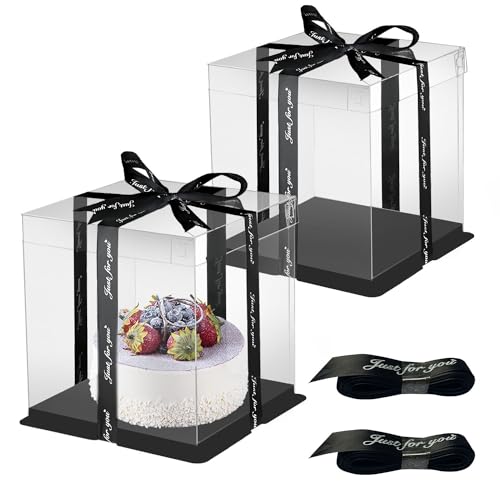 Cake Boxes Tortenbox Durchsichtige Geschenkbox 30*30*25cm Tortenschachtel Transportbox Torte Geschenkbox Durchsichtig Wiederverwendbar mit Sockel und Band für Geburtstag Dessert 2Stk (Schwarz) von HYRYC